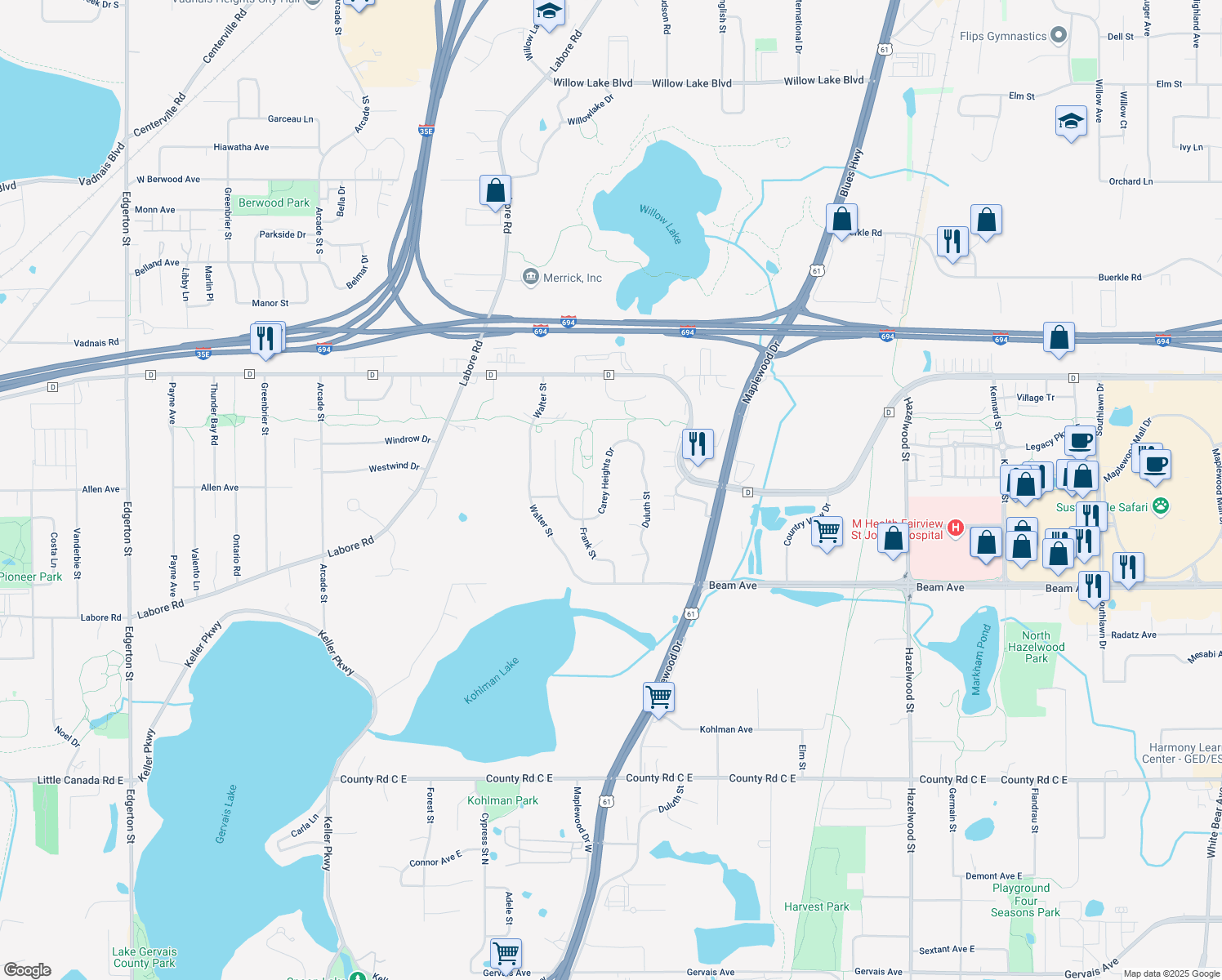 map of restaurants, bars, coffee shops, grocery stores, and more near 3000 Carey Heights Drive in Maplewood