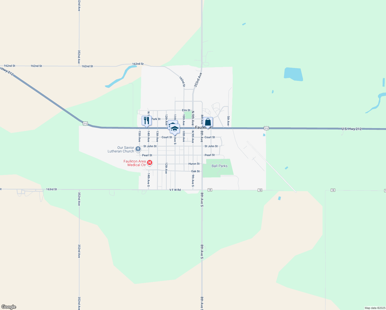 map of restaurants, bars, coffee shops, grocery stores, and more near 899 Pearl Street in Faulkton