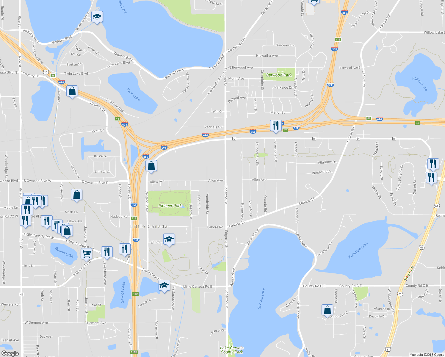 map of restaurants, bars, coffee shops, grocery stores, and more near 3001 Edgerton Street in Little Canada