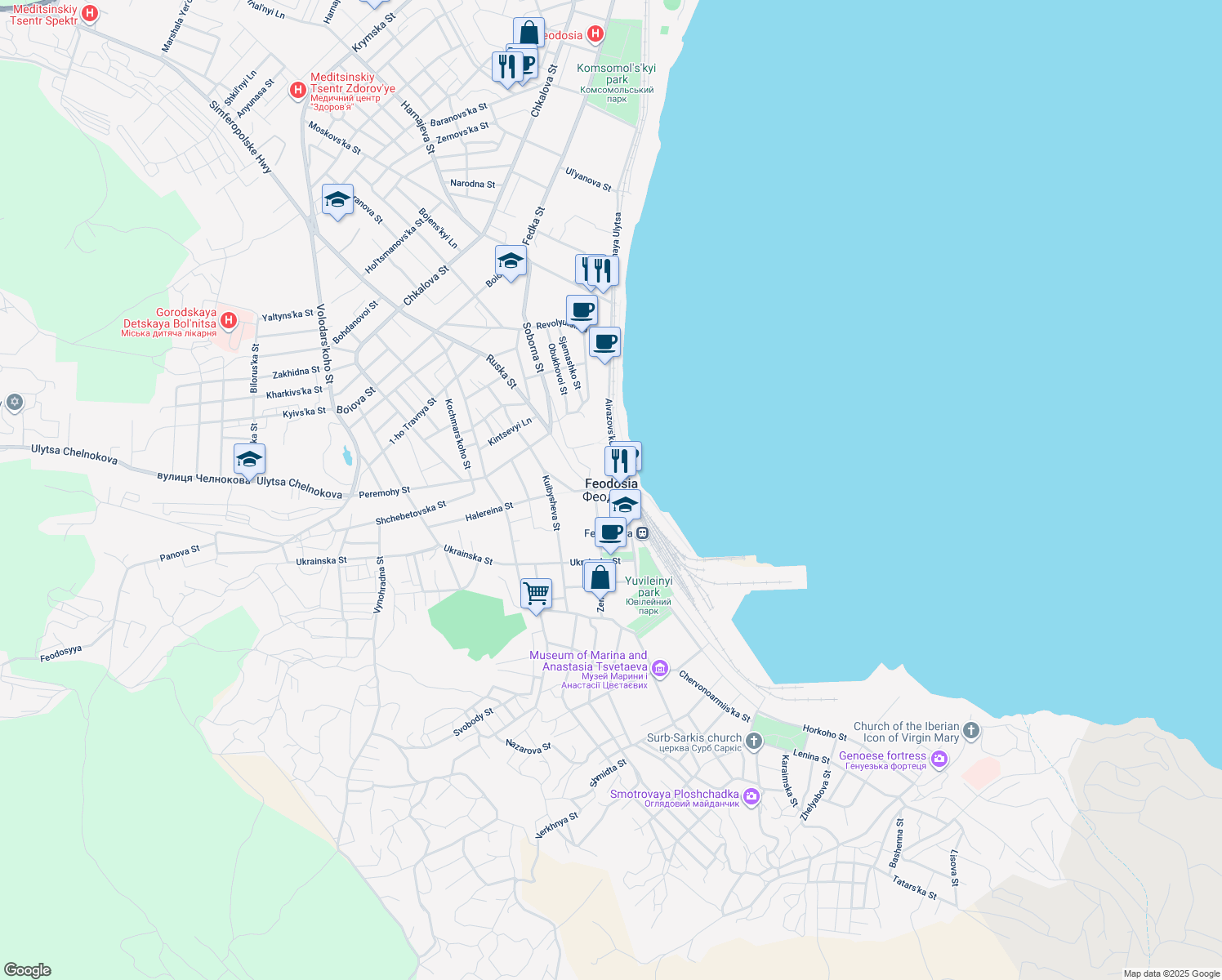 map of restaurants, bars, coffee shops, grocery stores, and more near in Feodosiya
