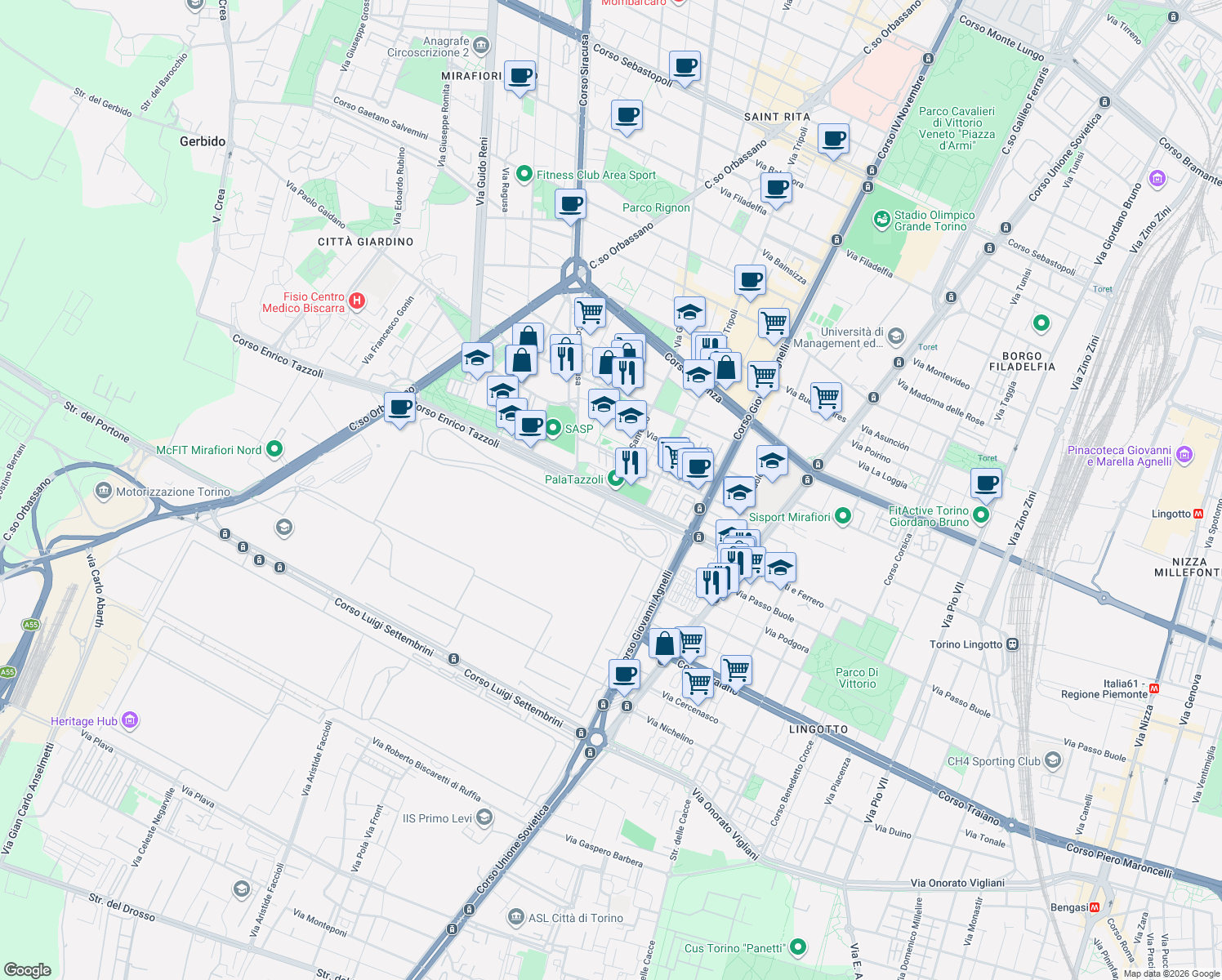 map of restaurants, bars, coffee shops, grocery stores, and more near 38 Corso Enrico Tazzoli in Torino