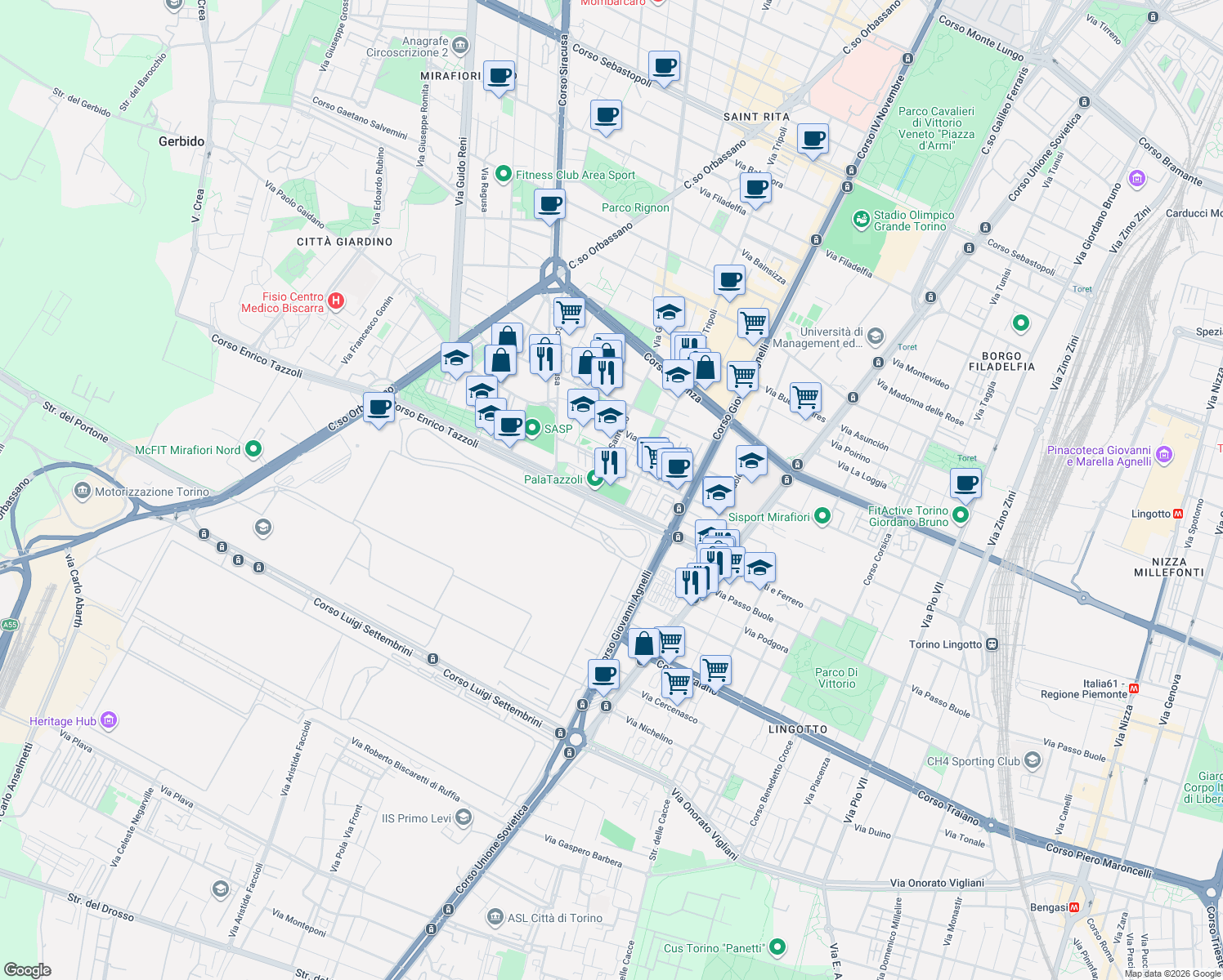 map of restaurants, bars, coffee shops, grocery stores, and more near 38 Corso Enrico Tazzoli in Torino