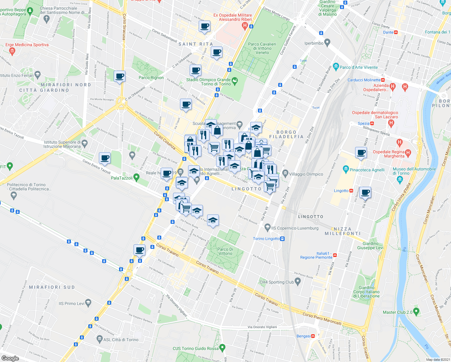map of restaurants, bars, coffee shops, grocery stores, and more near 2-6 Via Pietro Francesco Guala in Turin