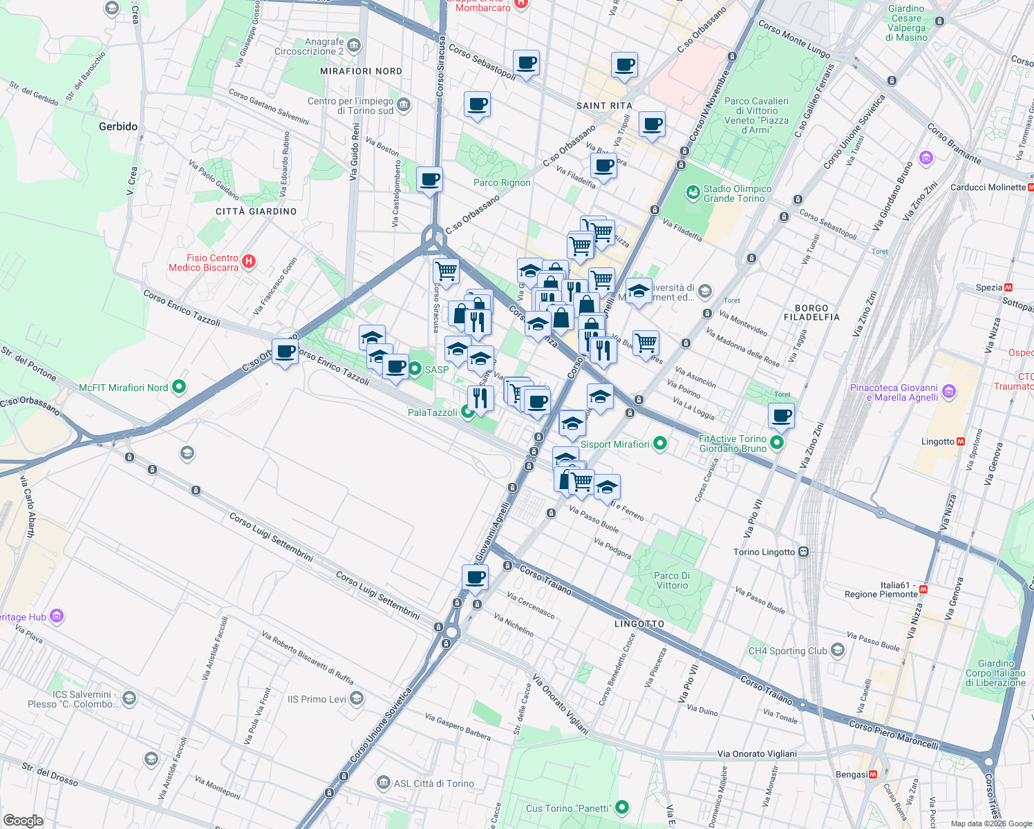map of restaurants, bars, coffee shops, grocery stores, and more near 3 Via Lamberto de Bernardi in Torino