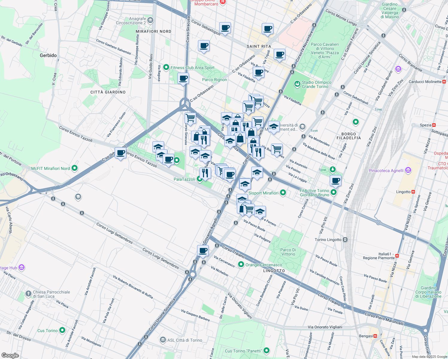 map of restaurants, bars, coffee shops, grocery stores, and more near 3 Via Lamberto de Bernardi in Torino