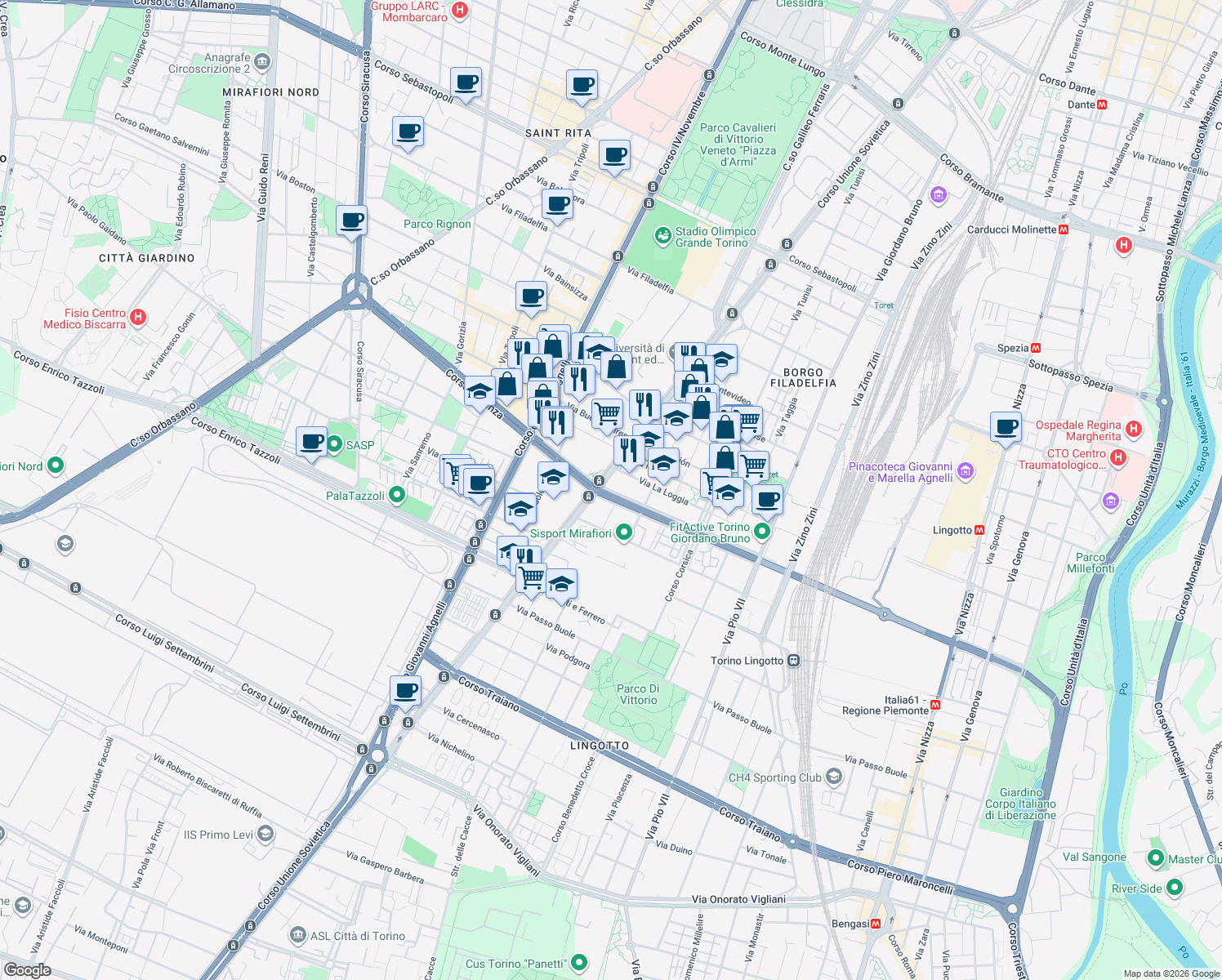 map of restaurants, bars, coffee shops, grocery stores, and more near 247 Corso Unione Sovietica in Turin