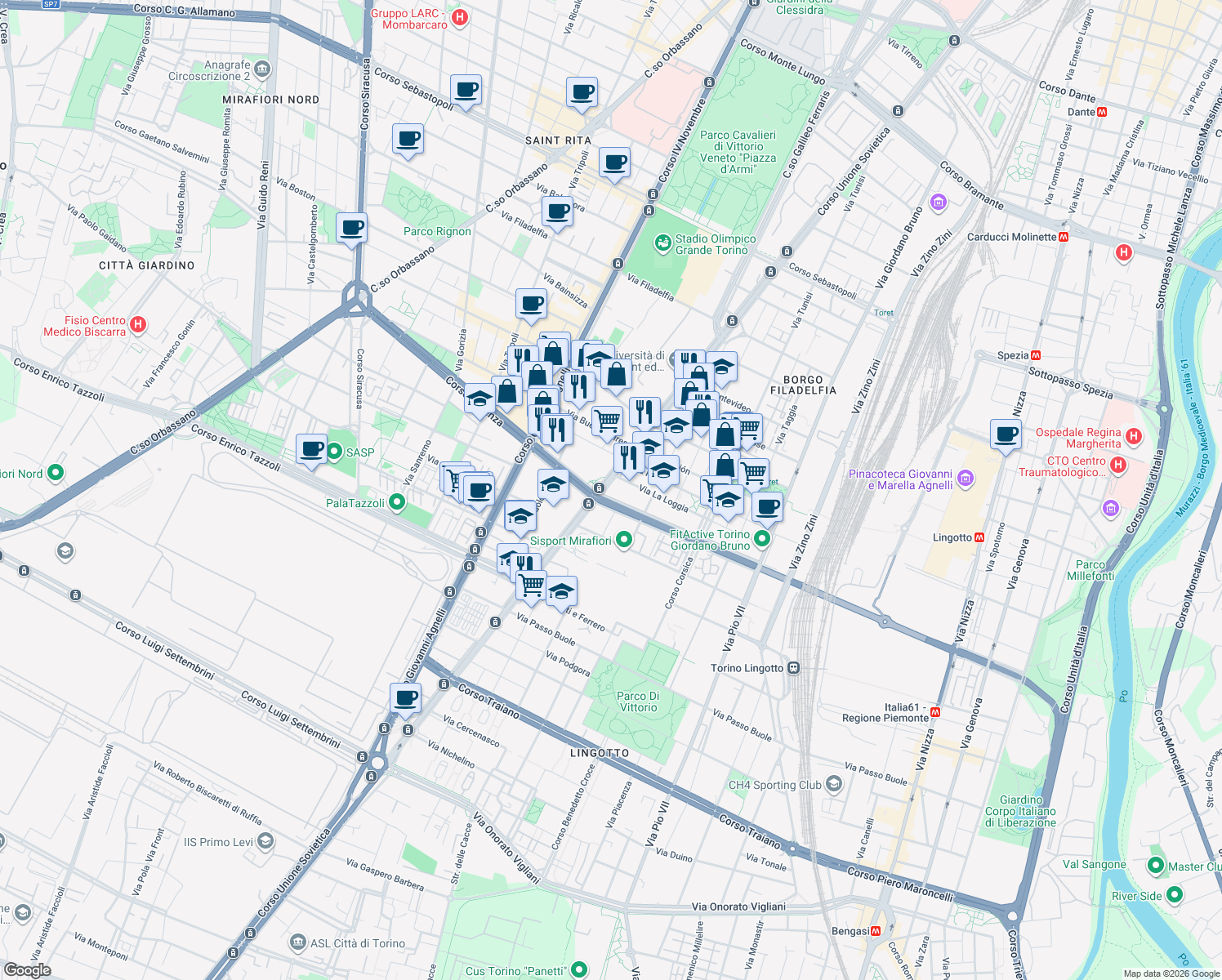 map of restaurants, bars, coffee shops, grocery stores, and more near 247 Corso Unione Sovietica in Turin