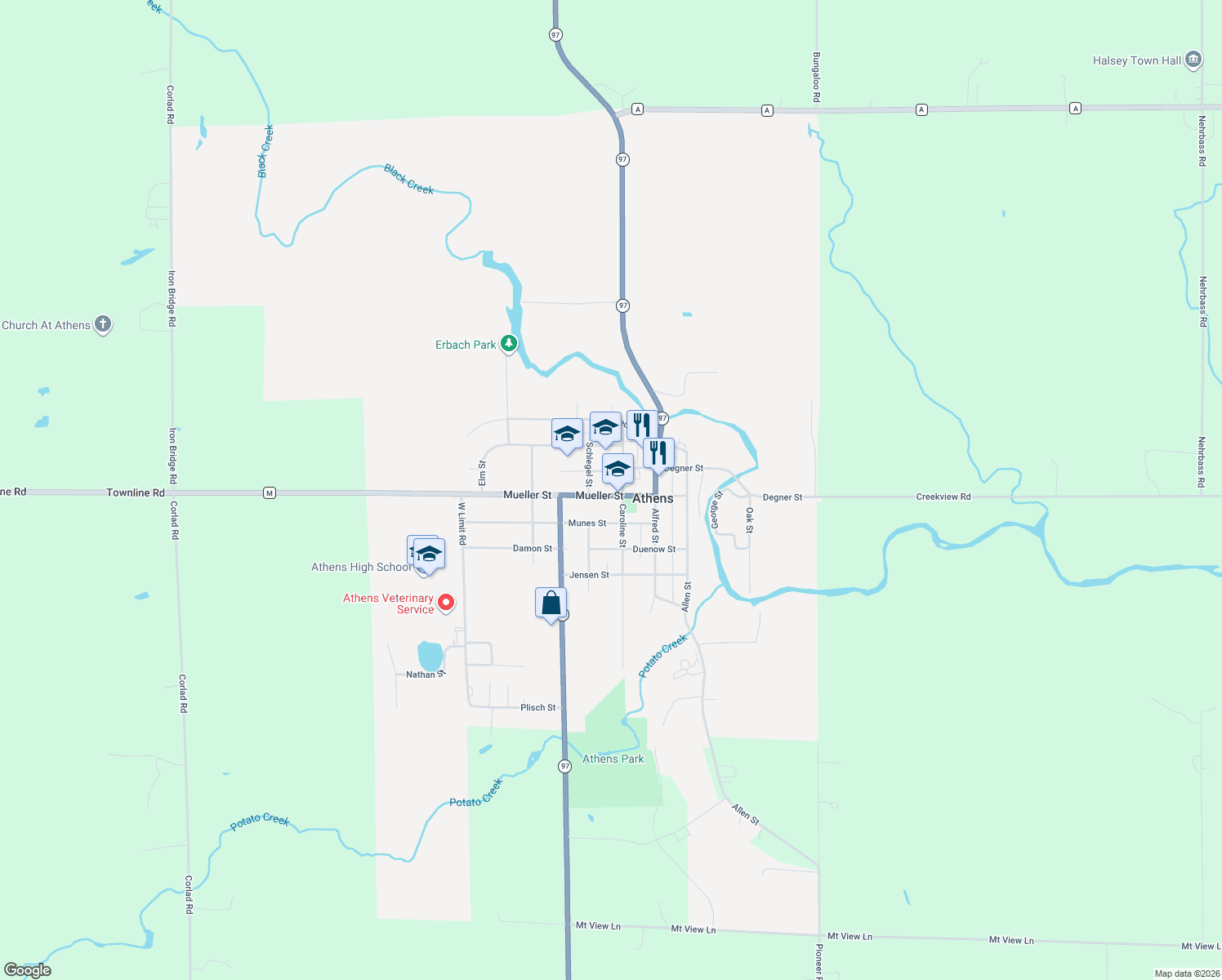 map of restaurants, bars, coffee shops, grocery stores, and more near 304 Mueller Street in Athens