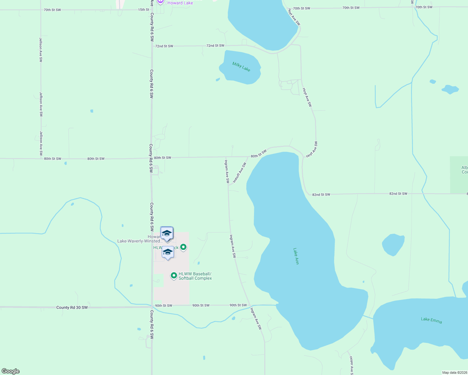 map of restaurants, bars, coffee shops, grocery stores, and more near 8204 Ingram Avenue Southwest in Howard Lake