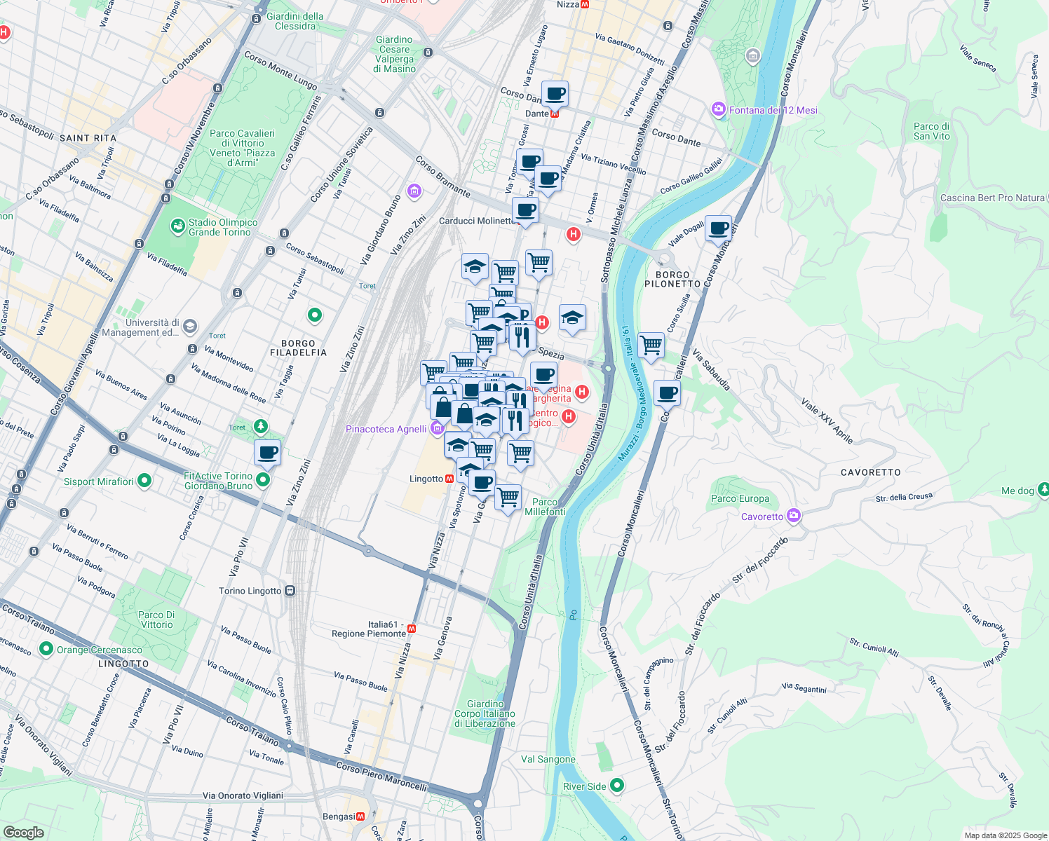 map of restaurants, bars, coffee shops, grocery stores, and more near 25 Via Casimiro Sperino in Torino