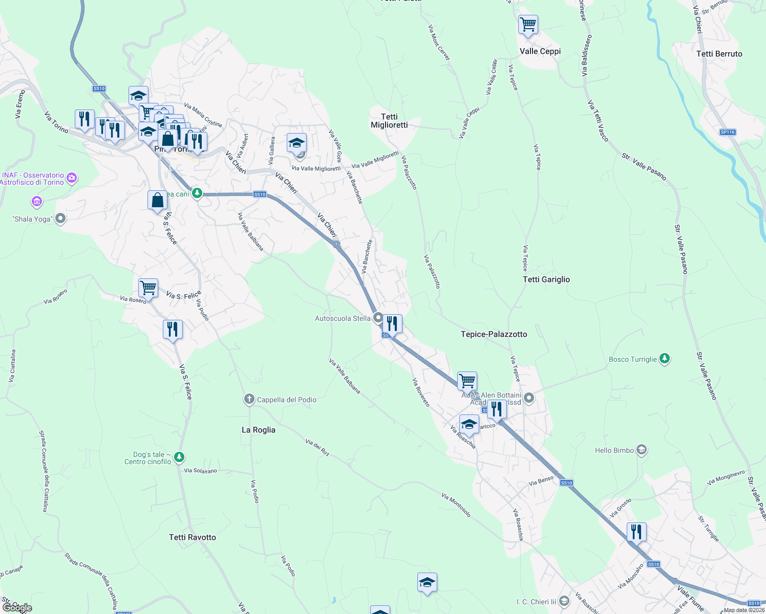 map of restaurants, bars, coffee shops, grocery stores, and more near 1 Via Tetto Nuovo in Pino Torinese