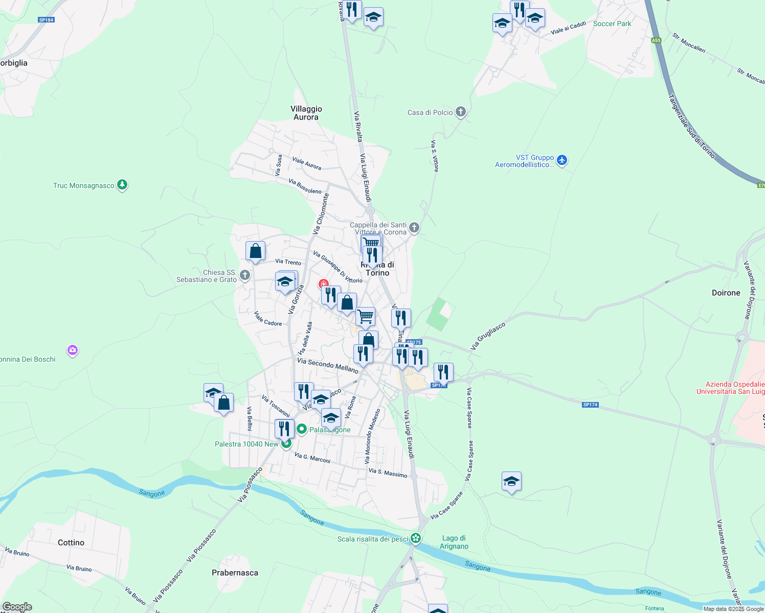 map of restaurants, bars, coffee shops, grocery stores, and more near 84 Via Luigi Einaudi in Rivalta di Torino