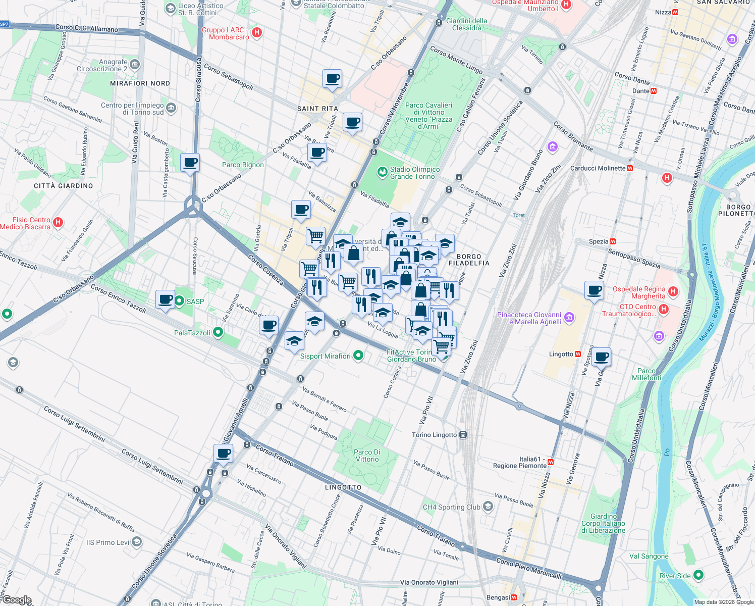 map of restaurants, bars, coffee shops, grocery stores, and more near 9 Via Asuncion in Torino