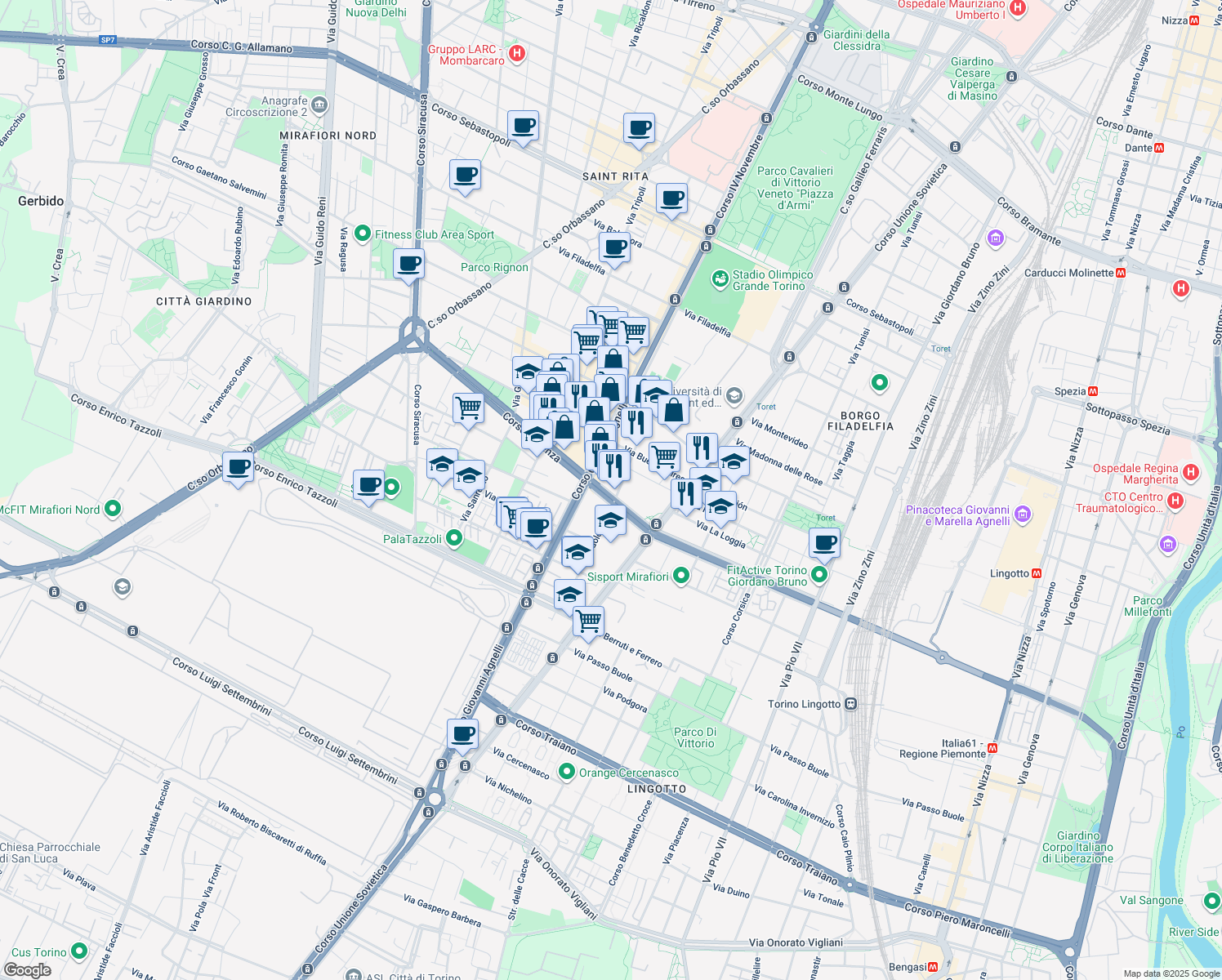 map of restaurants, bars, coffee shops, grocery stores, and more near 28 Corso Cosenza in Torino