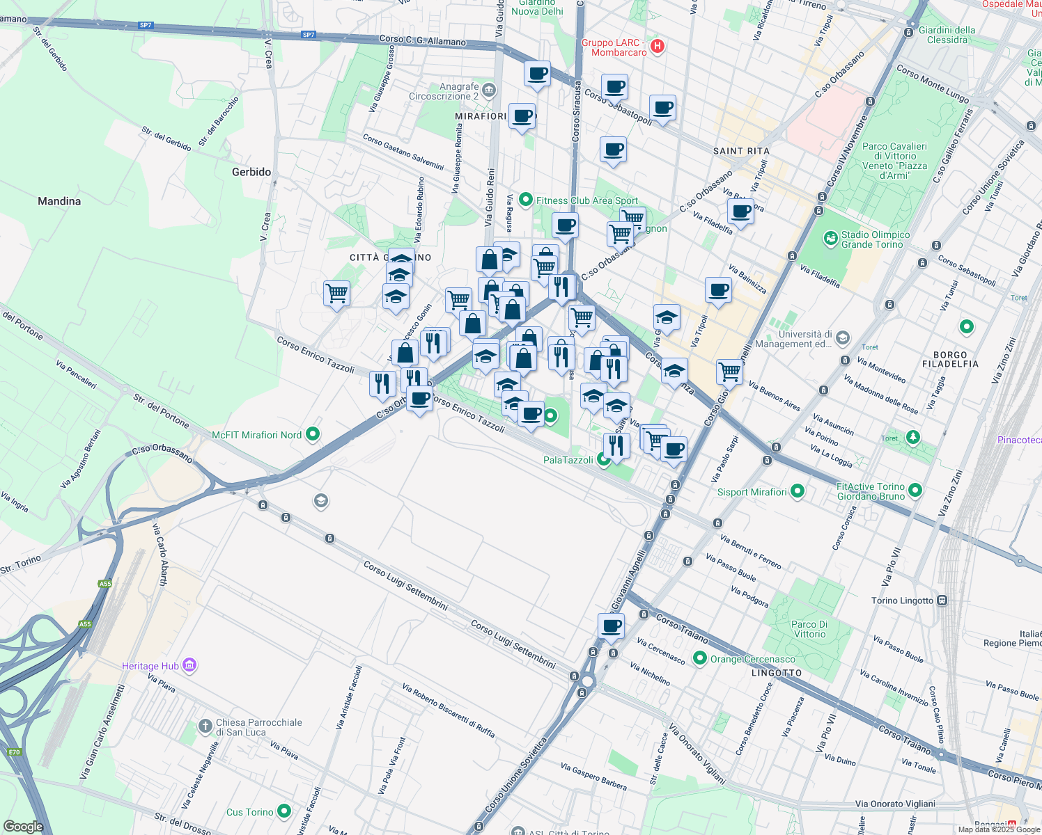 map of restaurants, bars, coffee shops, grocery stores, and more near Via Carlo Poma in Torino