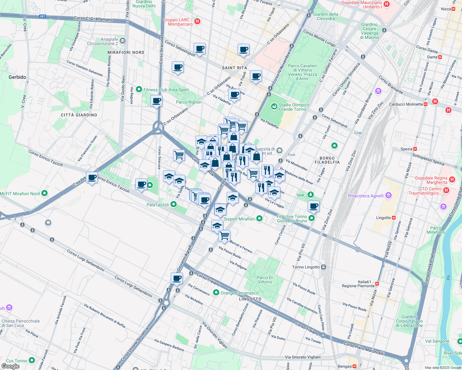 map of restaurants, bars, coffee shops, grocery stores, and more near 28 Corso Cosenza in Torino