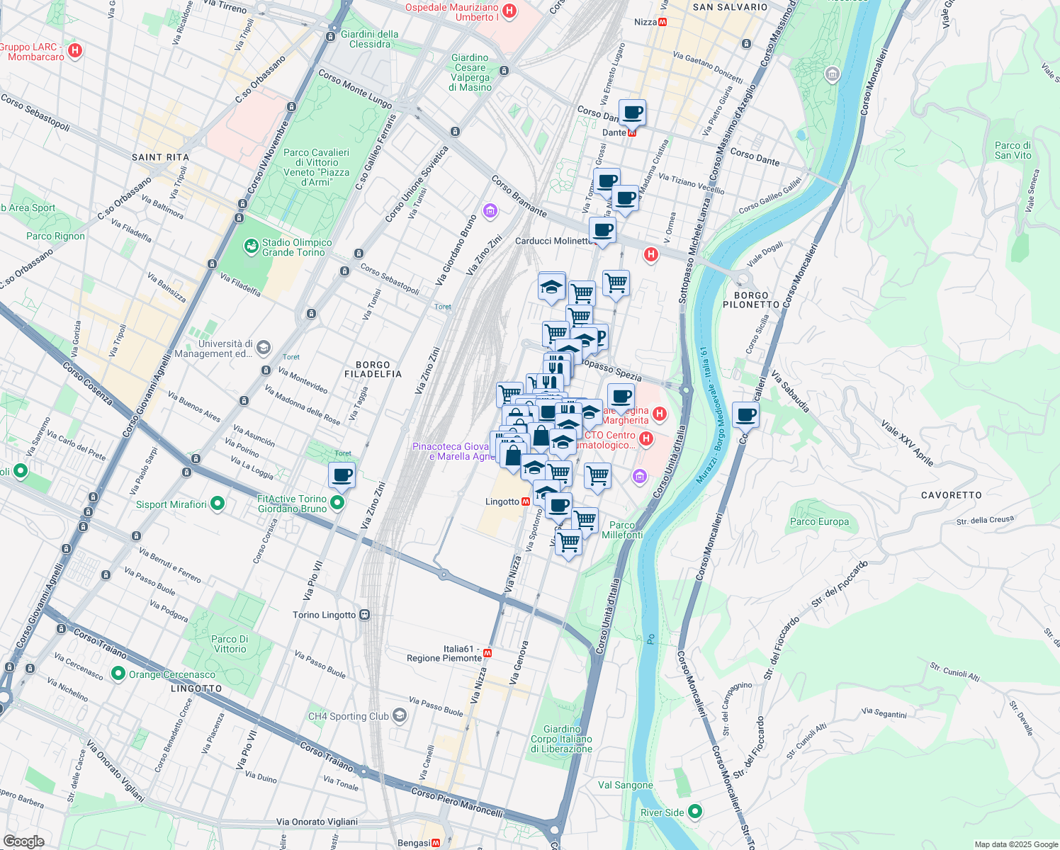 map of restaurants, bars, coffee shops, grocery stores, and more near 230 Via Nizza in Torino