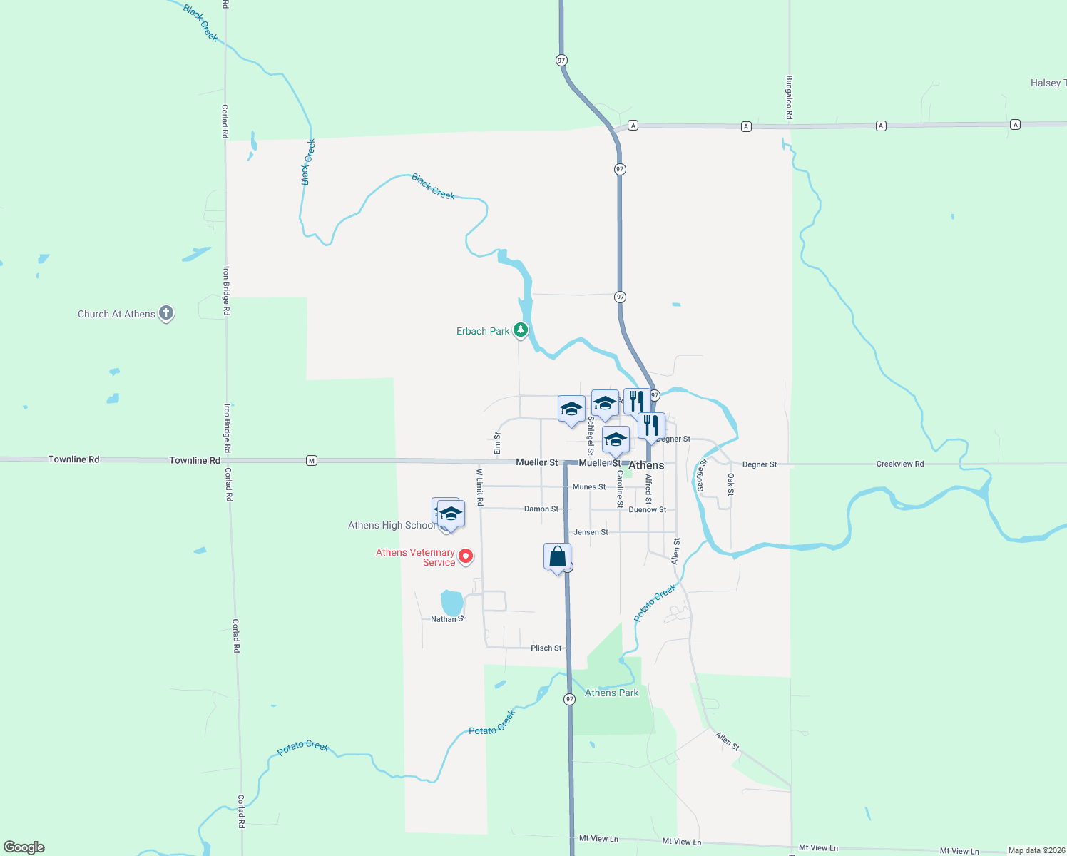 map of restaurants, bars, coffee shops, grocery stores, and more near 301 Washington St in Athens