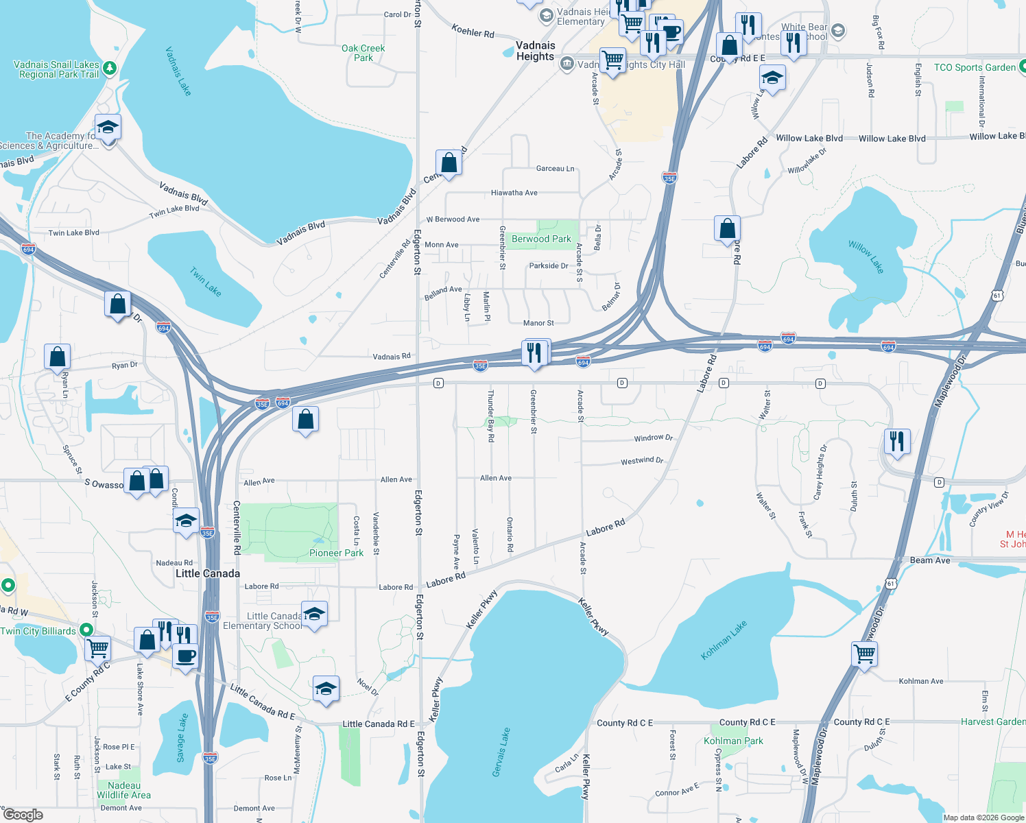 map of restaurants, bars, coffee shops, grocery stores, and more near 3078 Ontario Road in Little Canada