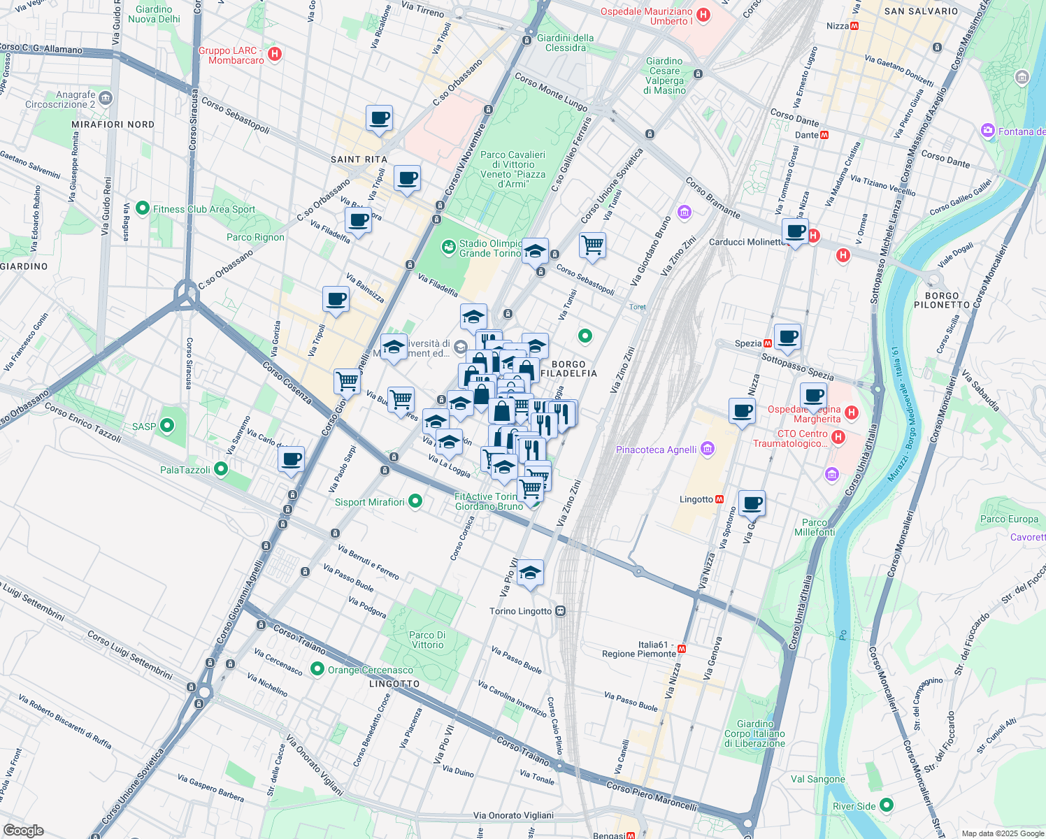 map of restaurants, bars, coffee shops, grocery stores, and more near 135 Via Tunisi in Torino
