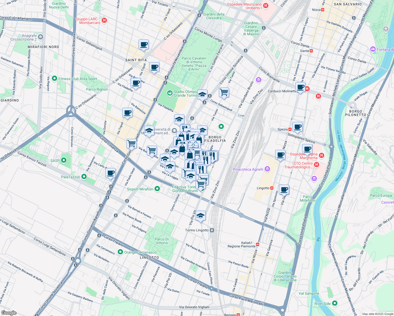 map of restaurants, bars, coffee shops, grocery stores, and more near 135 Via Tunisi in Torino