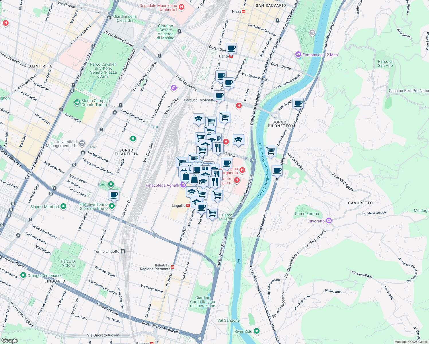 map of restaurants, bars, coffee shops, grocery stores, and more near 25 Via Casimiro Sperino in Turin