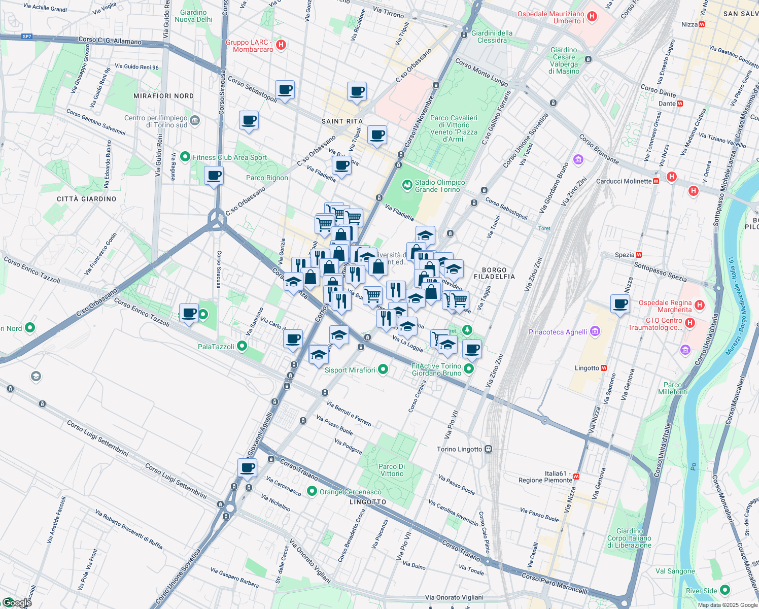 map of restaurants, bars, coffee shops, grocery stores, and more near 1 Via Buenos Aires in Torino
