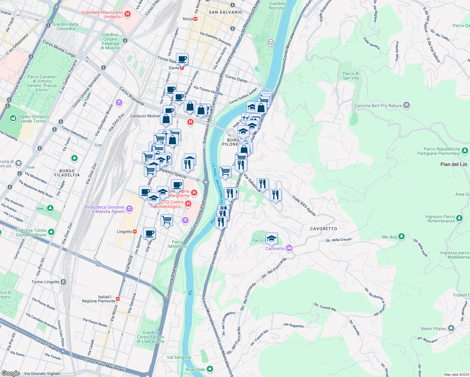 map of restaurants, bars, coffee shops, grocery stores, and more near 12 Via Villa Glori in Turin