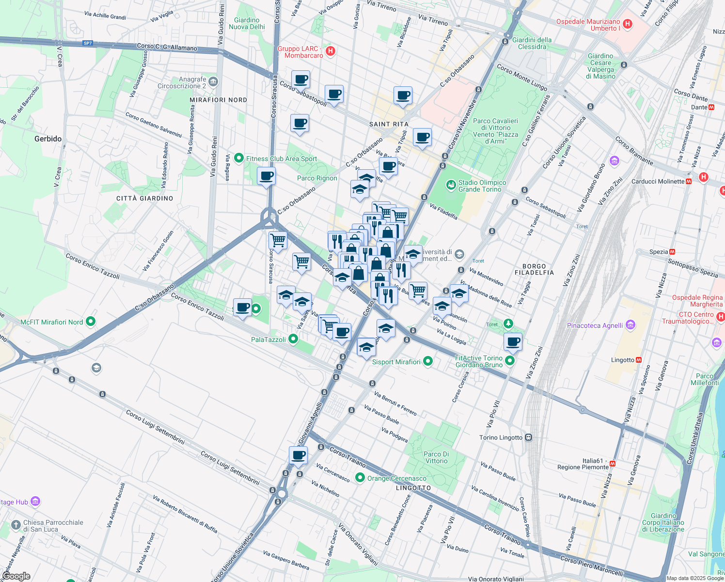 map of restaurants, bars, coffee shops, grocery stores, and more near 46 Corso Cosenza in Turin