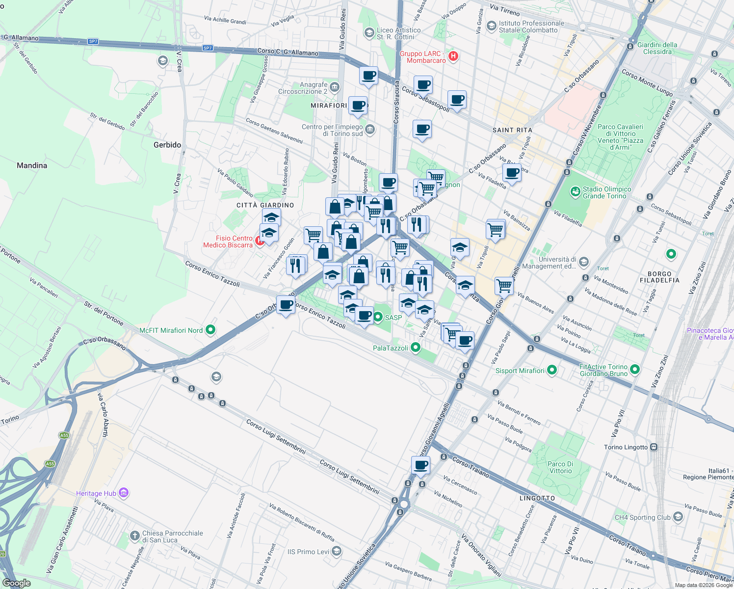 map of restaurants, bars, coffee shops, grocery stores, and more near 22 Via Carlo Alfonso Nallino in Torino