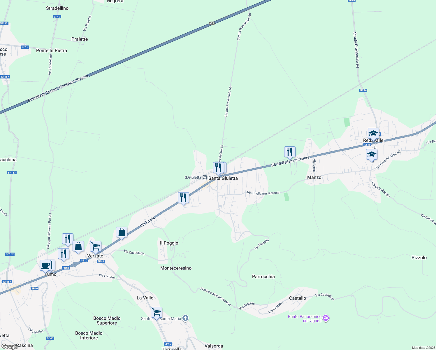 map of restaurants, bars, coffee shops, grocery stores, and more near 2 SP66 in Santa Giuletta