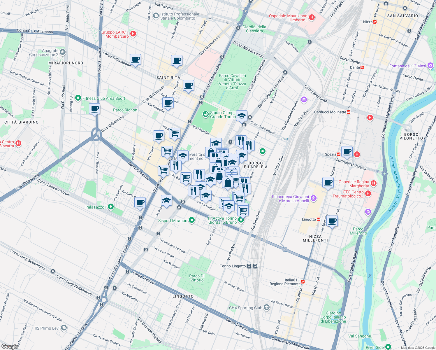 map of restaurants, bars, coffee shops, grocery stores, and more near 12 Via Arnaldo da Brescia in Torino