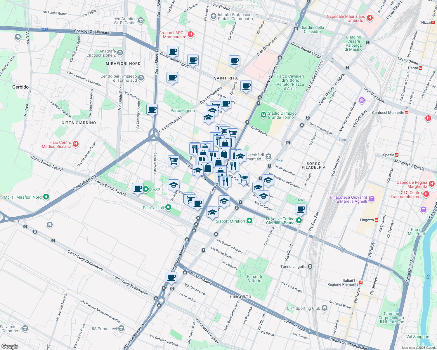 map of restaurants, bars, coffee shops, grocery stores, and more near 105 Corso Giovanni Agnelli in Turin