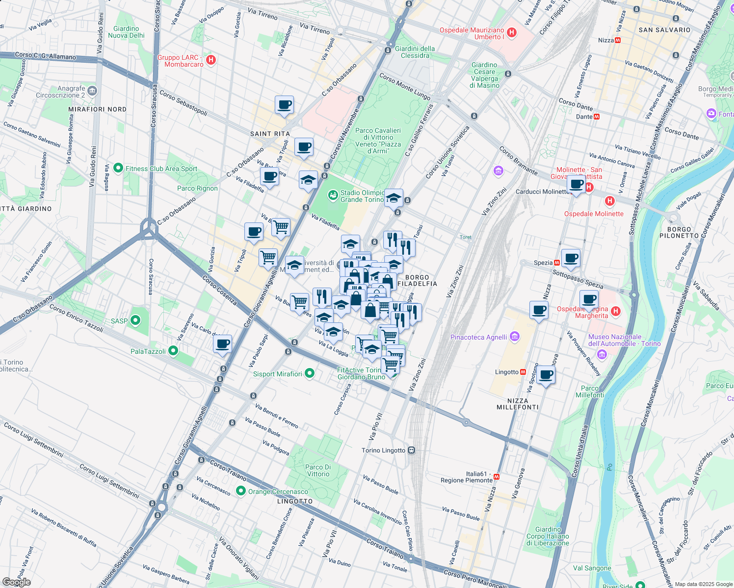 map of restaurants, bars, coffee shops, grocery stores, and more near 35 Via Pasquale Paoli in Torino