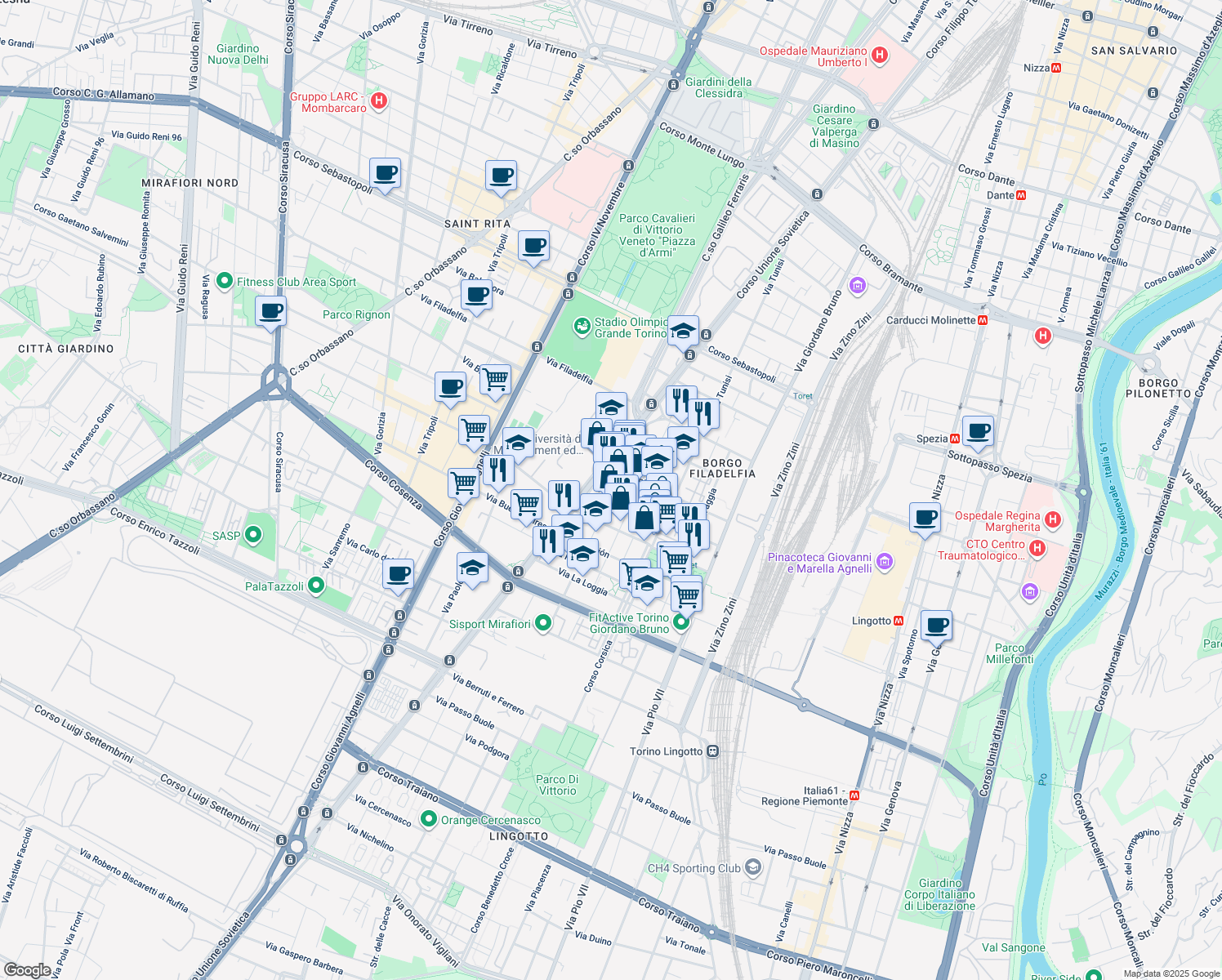 map of restaurants, bars, coffee shops, grocery stores, and more near 12 Via Arnaldo da Brescia in Torino