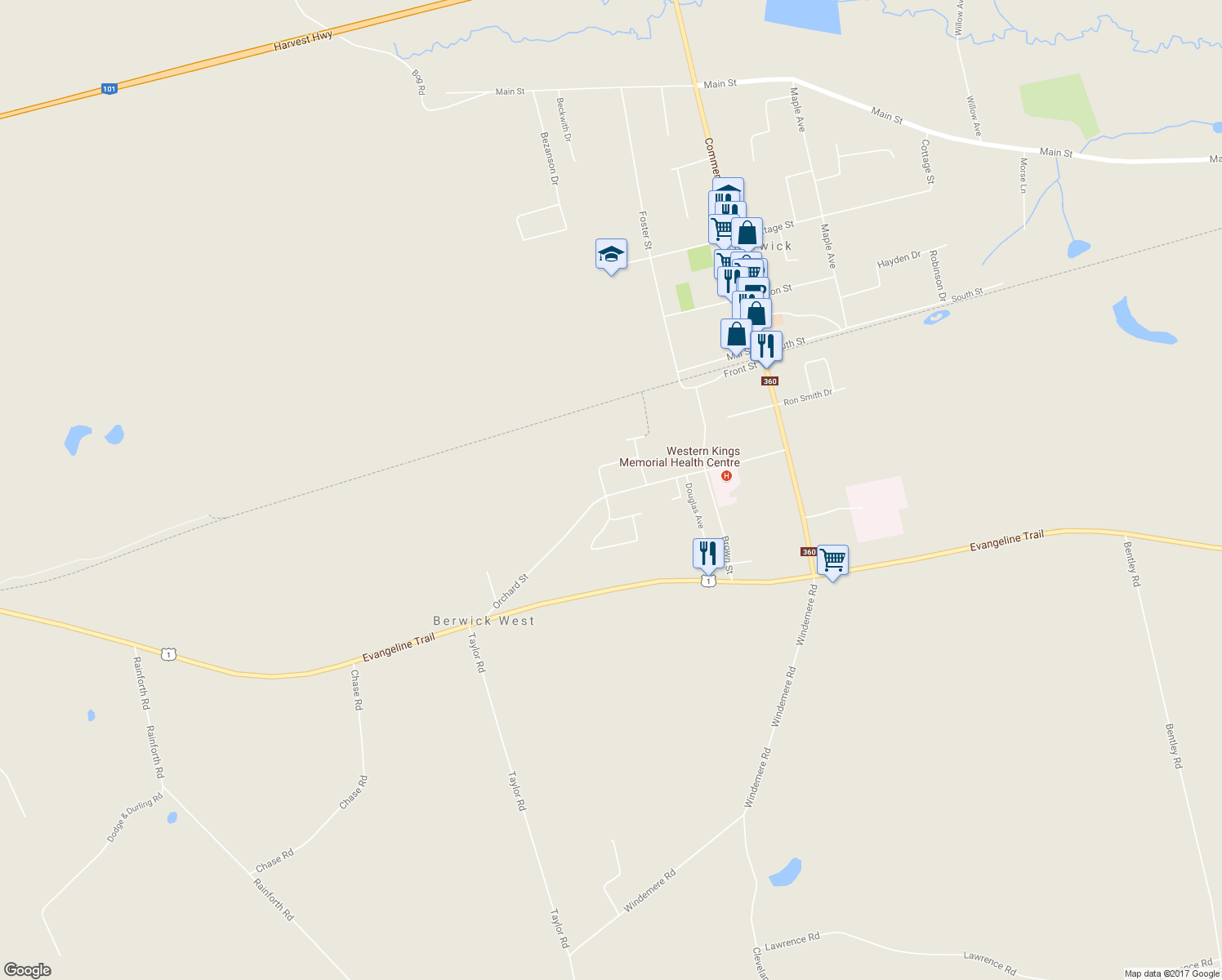 map of restaurants, bars, coffee shops, grocery stores, and more near 152 Orchard Street in Berwick