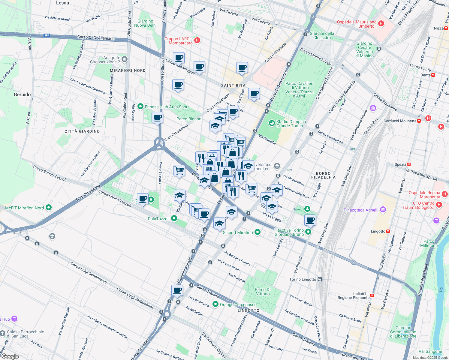 map of restaurants, bars, coffee shops, grocery stores, and more near 105 Corso Giovanni Agnelli in Torino