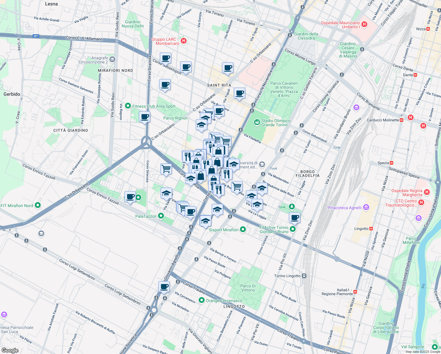 map of restaurants, bars, coffee shops, grocery stores, and more near 105 Corso Giovanni Agnelli in Turin