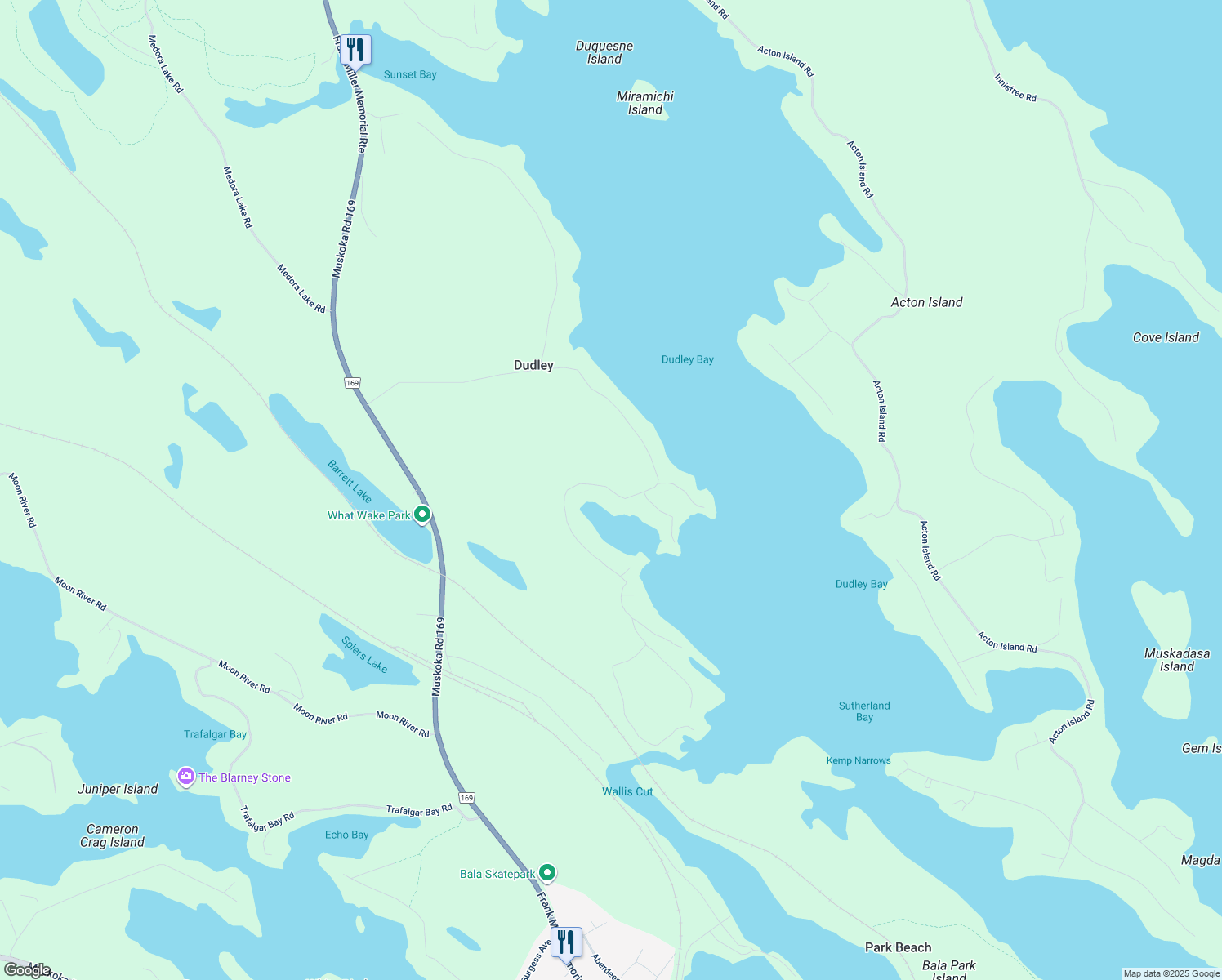 map of restaurants, bars, coffee shops, grocery stores, and more near Dudley Road in Muskoka District Municipality