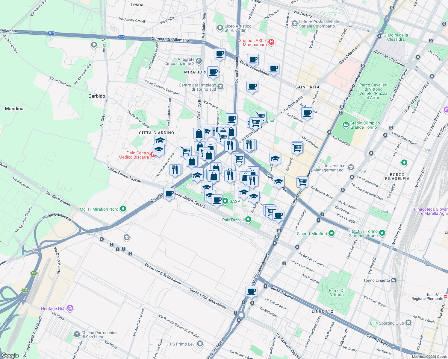 map of restaurants, bars, coffee shops, grocery stores, and more near 22 Via Carlo Alfonso Nallino in Torino