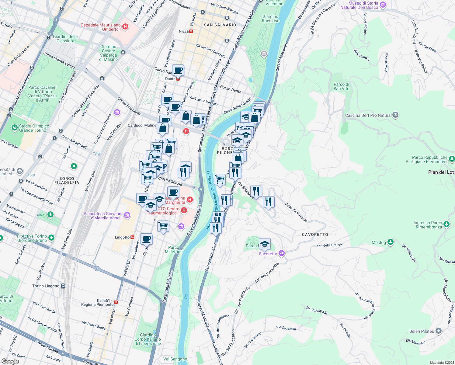 map of restaurants, bars, coffee shops, grocery stores, and more near 12 Via Villa Glori in Torino