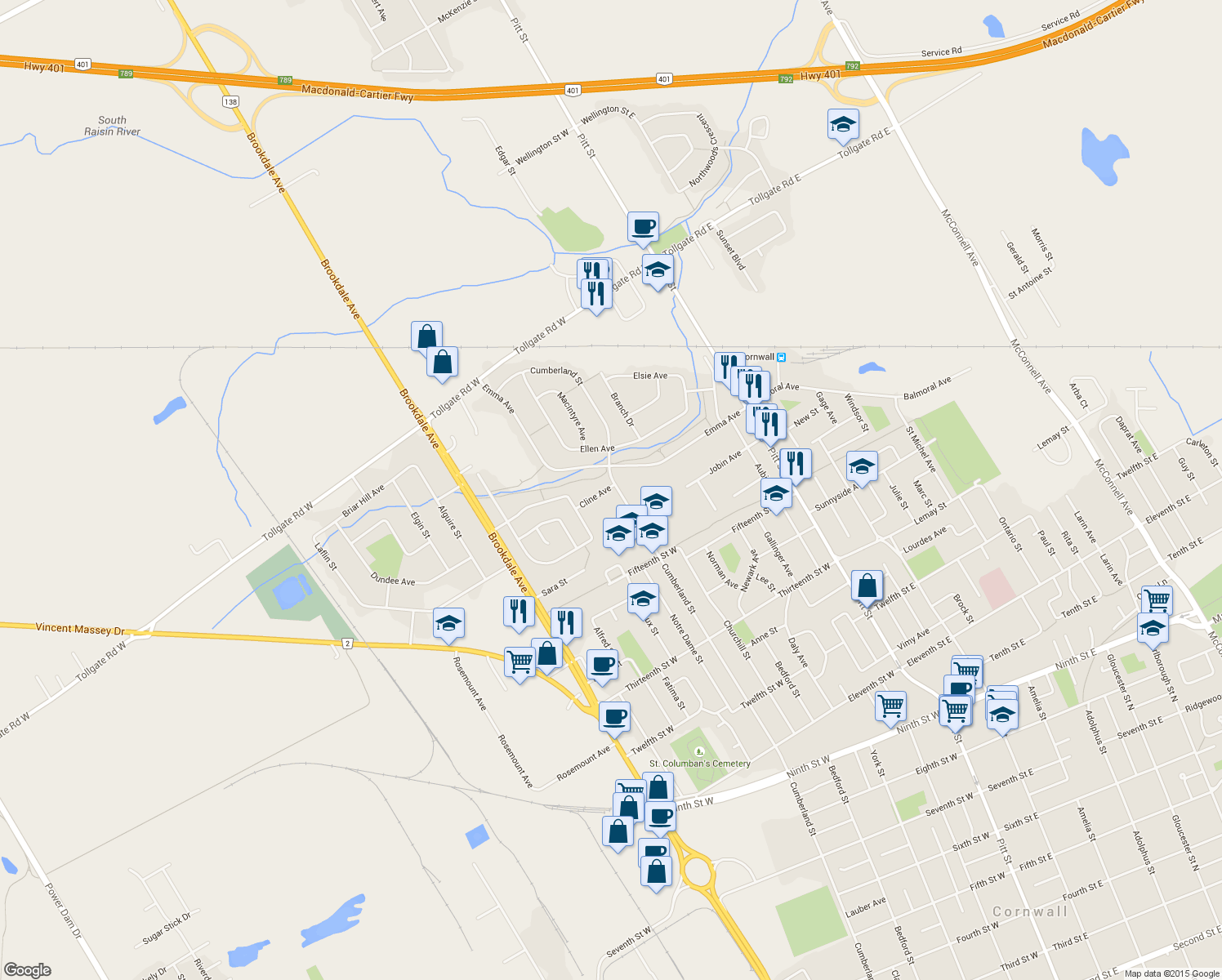 map of restaurants, bars, coffee shops, grocery stores, and more near 402 Cline Avenue in Cornwall