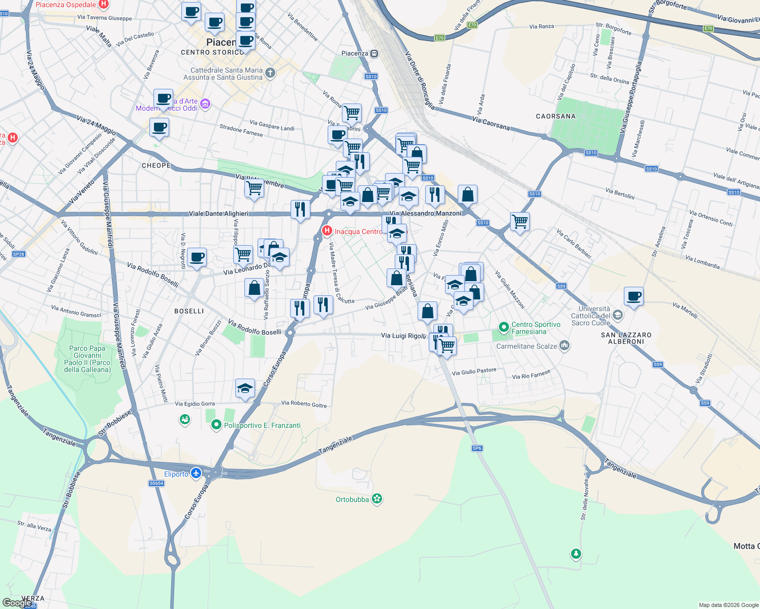 map of restaurants, bars, coffee shops, grocery stores, and more near Via Maria Macellari in Piacenza