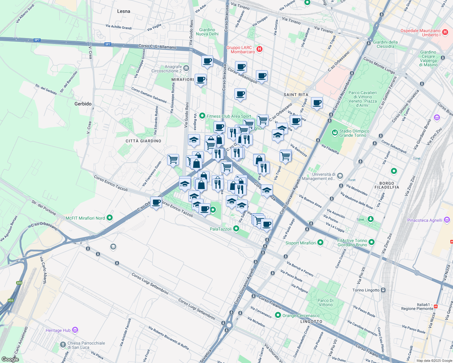 map of restaurants, bars, coffee shops, grocery stores, and more near 16-24 Via Don Bartolomeo Grazioli in Torino