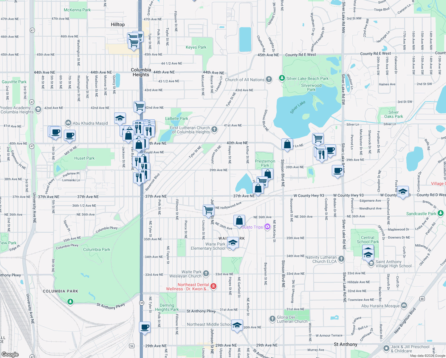 map of restaurants, bars, coffee shops, grocery stores, and more near 3820 Hayes Street Northeast in Columbia Heights