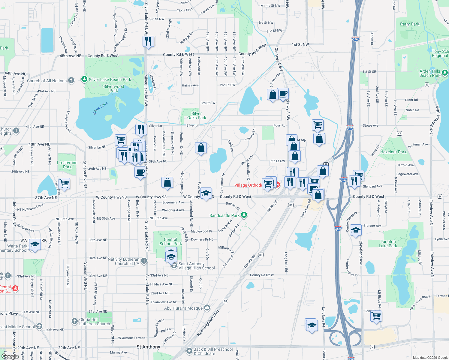 map of restaurants, bars, coffee shops, grocery stores, and more near 685 Continental Drive in New Brighton