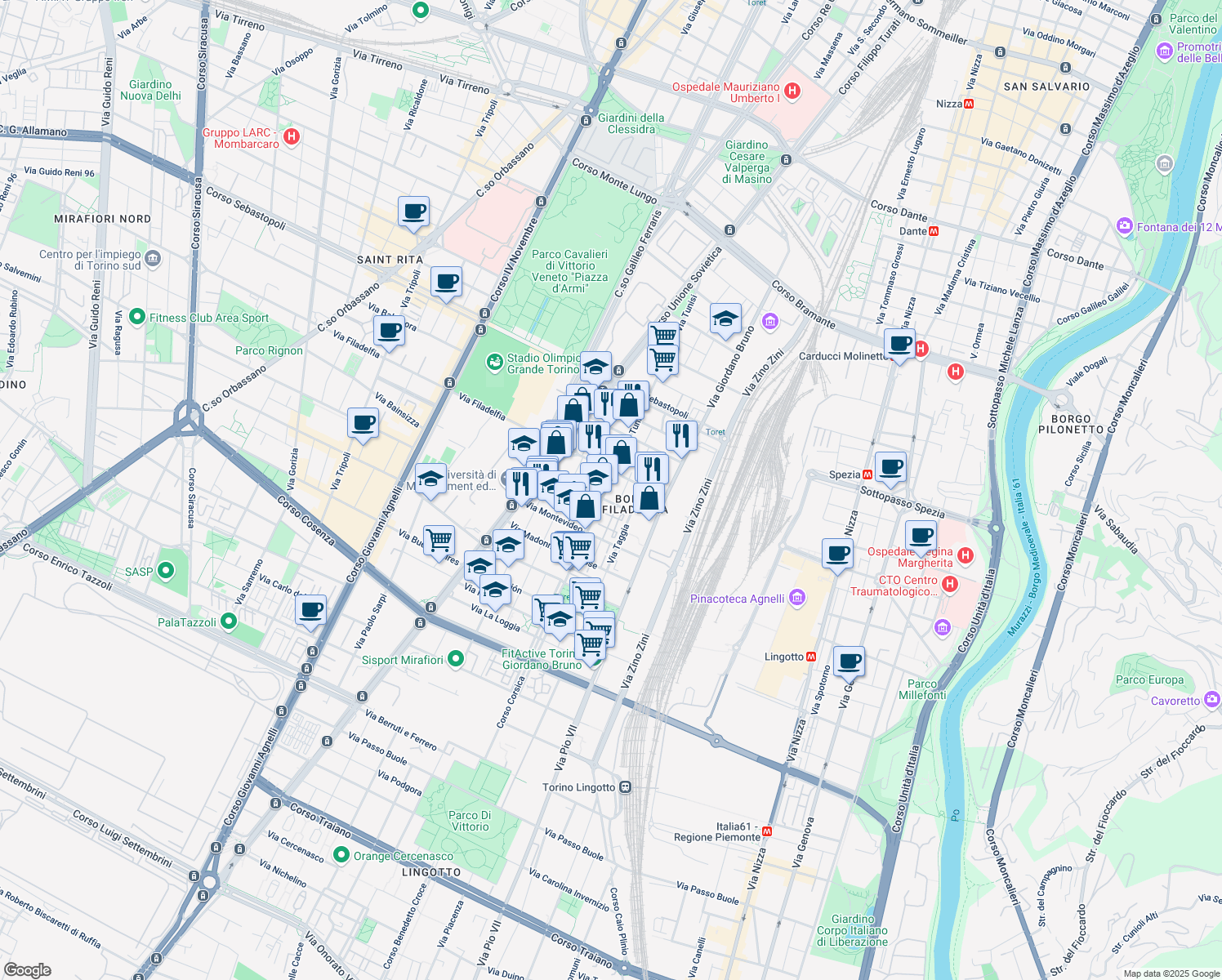 map of restaurants, bars, coffee shops, grocery stores, and more near 99 Via Tunisi in Torino