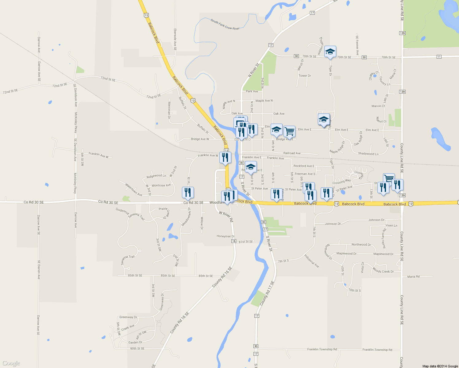 map of restaurants, bars, coffee shops, grocery stores, and more near 236 Babcock Blvd in Delano
