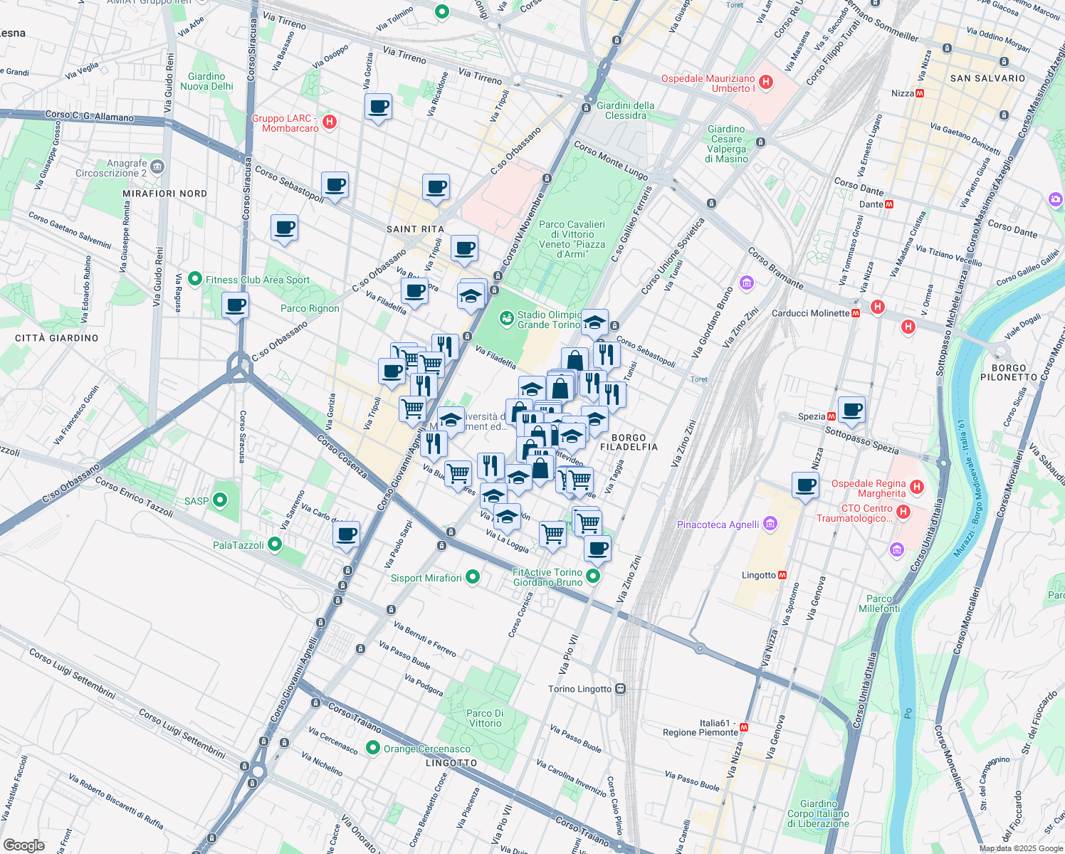 map of restaurants, bars, coffee shops, grocery stores, and more near 218 Corso Unione Sovietica in Torino