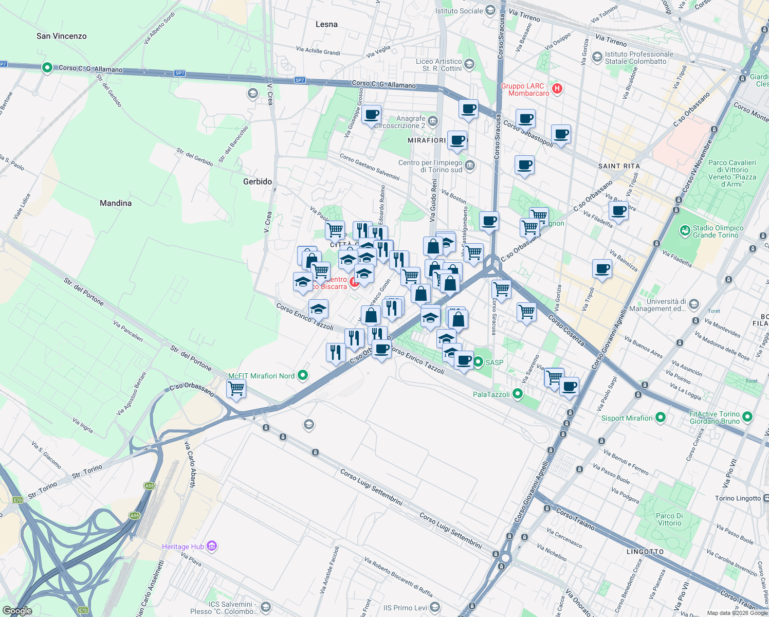 map of restaurants, bars, coffee shops, grocery stores, and more near 19 Via Giorgio Bellono in Turin